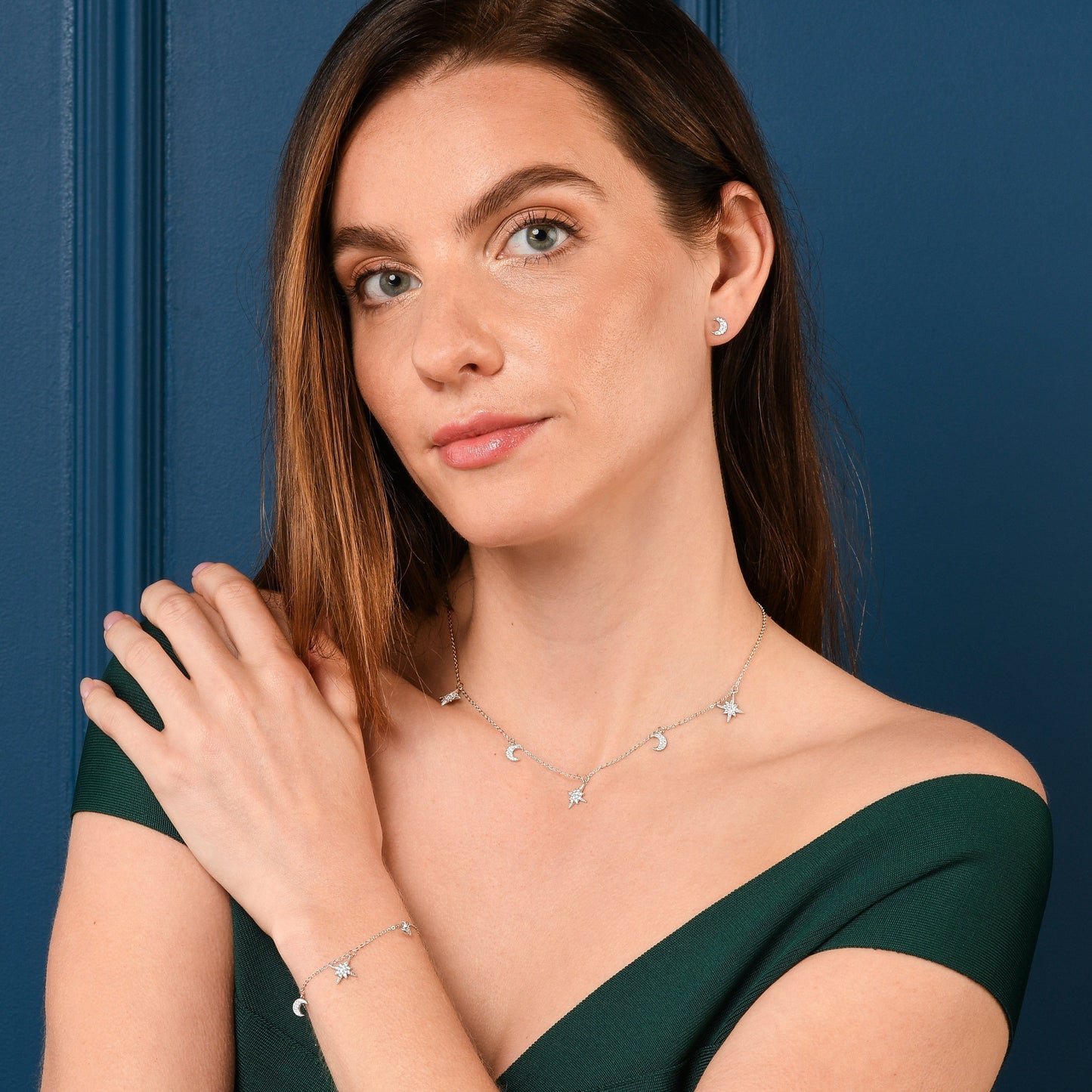 Dainty Moon and Star Charm Necklace in 925 Sterling Silver For Women