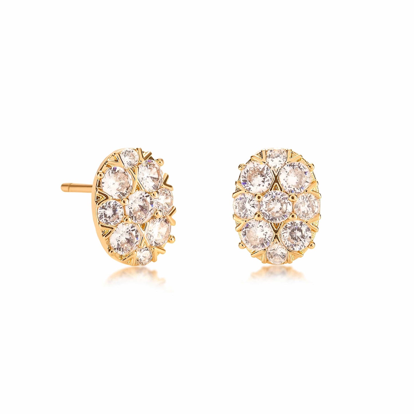 Gold Oval Shaped Stud Earrings with Cubic Zirconia Stones for Women