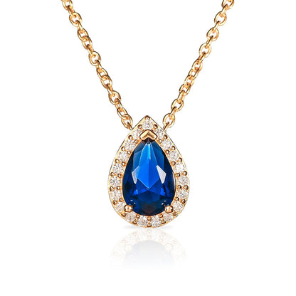 Gold Plated 925 Sterling Silver Blue Pear Drop Halo Pendant Necklace for Women