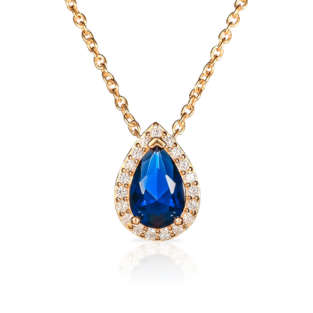 Gold Plated 925 Sterling Silver Blue Pear Drop Halo Pendant Necklace for Women