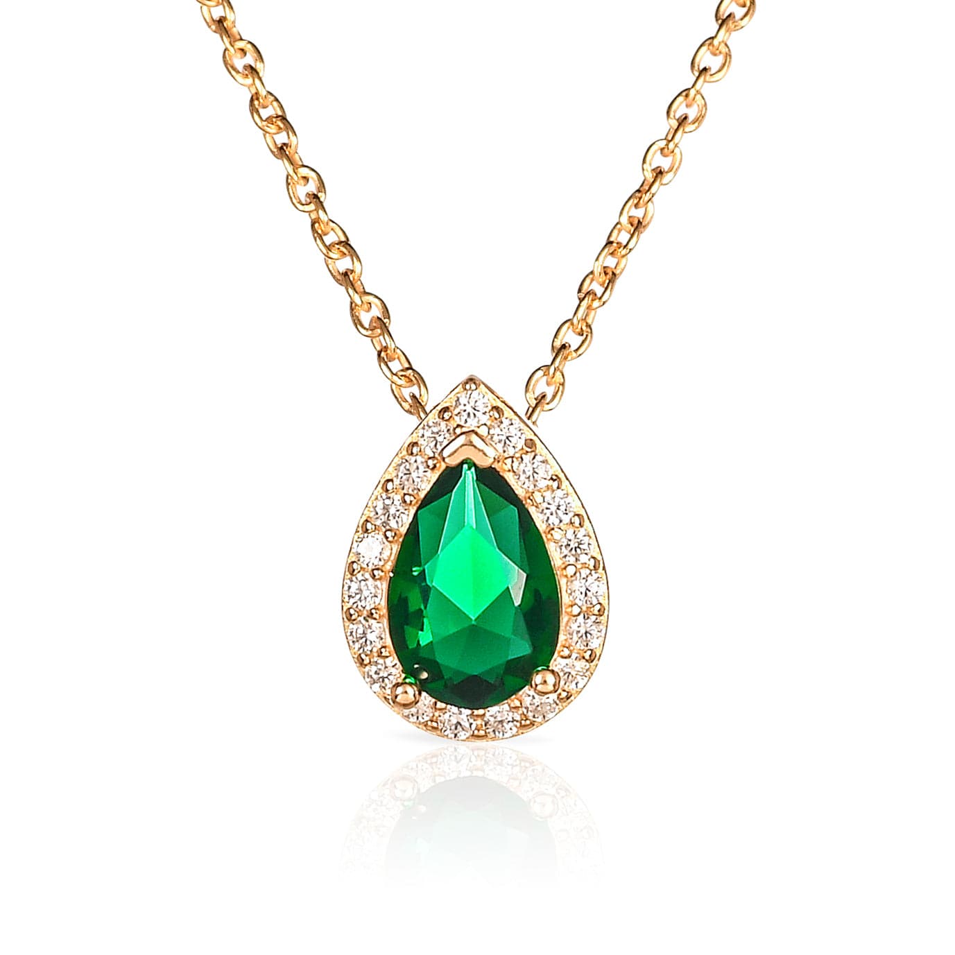 Gold Plated 925 Sterling Silver Green Pear Drop Halo Pendant Necklace for Women