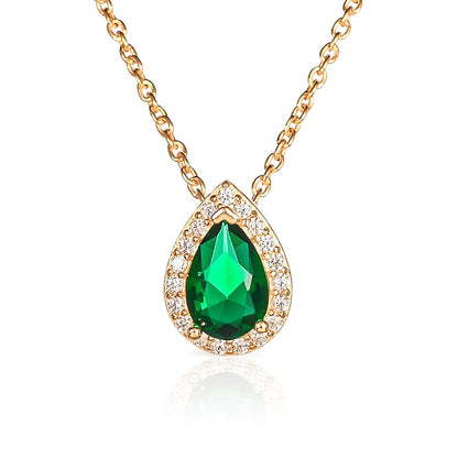 Gold Plated 925 Sterling Silver Green Pear Drop Halo Pendant Necklace for Women