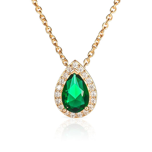 Gold Plated 925 Sterling Silver Green Pear Drop Halo Pendant Necklace for Women