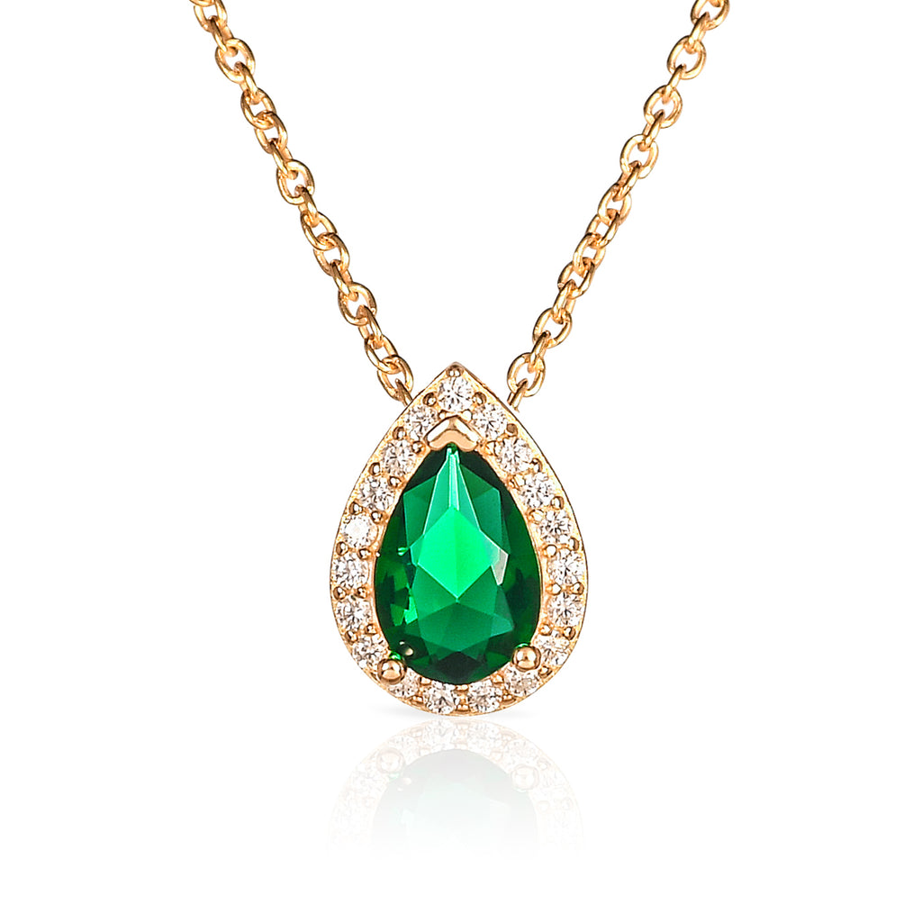 Gold Plated 925 Sterling Silver Green Pear Drop Halo Pendant Necklace for Women