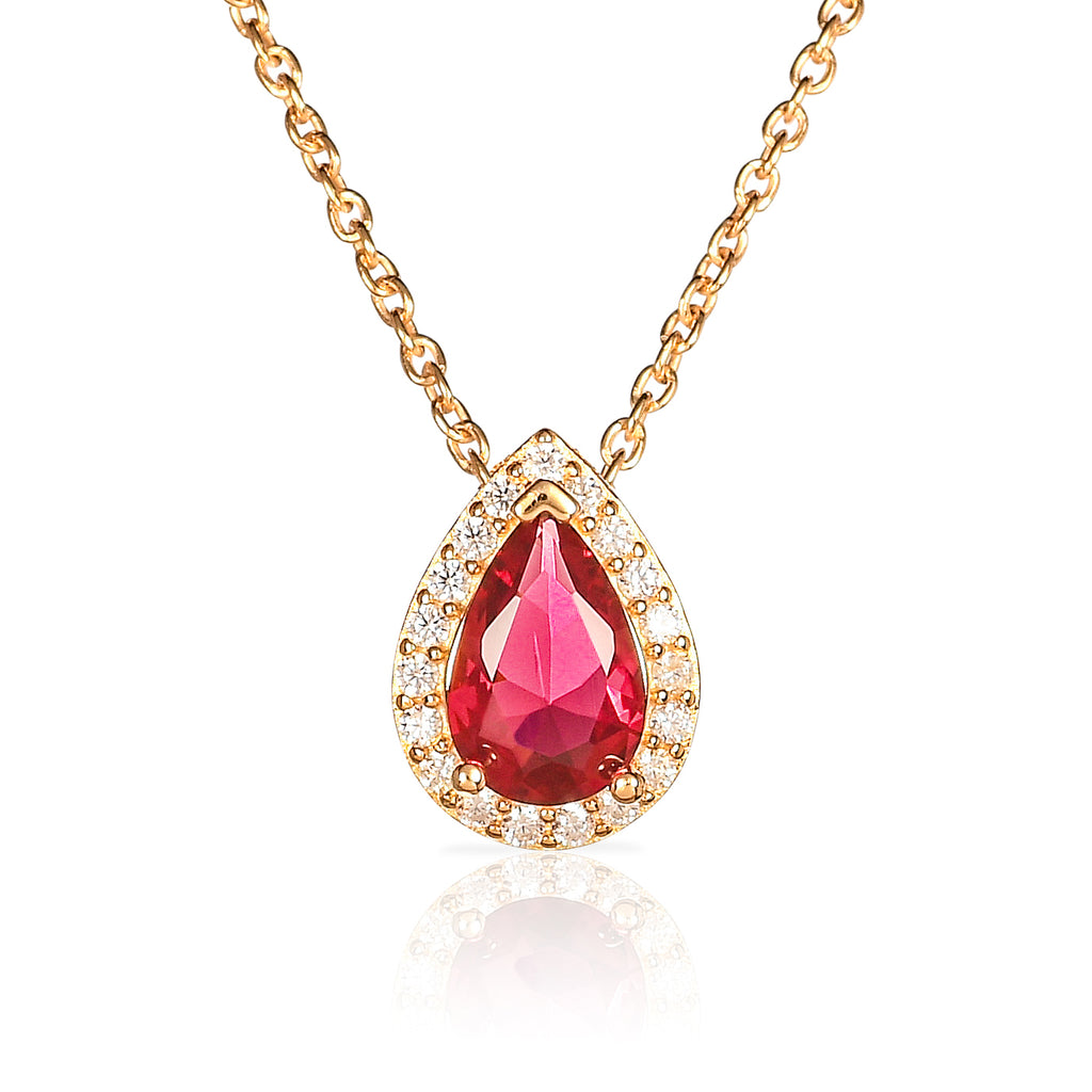 Gold Plated 925 Sterling Silver Red Pear Drop Halo Pendant Necklace for Women