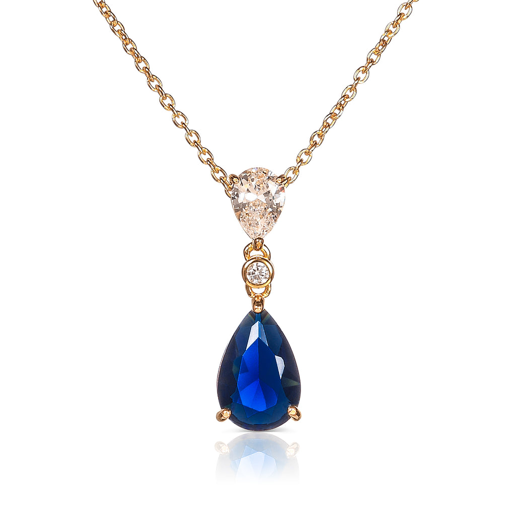 Gold Plated 925 Sterling Silver Blue Pear Drop Pendant Necklace For Women