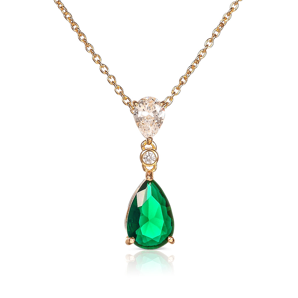 Gold Plated 925 Sterling Silver Green Pear Drop Pendant Necklace For Women