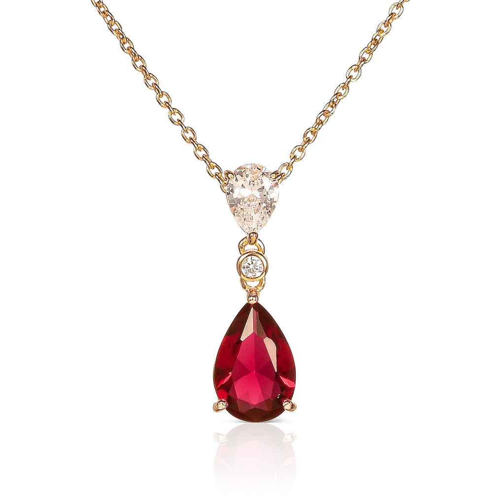 Gold Plated 925 Sterling Silver Red Pear Drop Pendant Necklace For Women