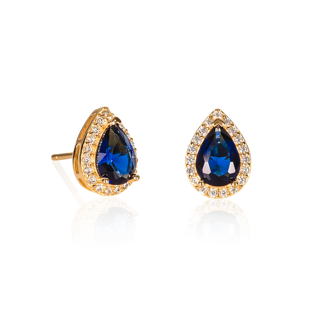 Gold Plated 925 Sterling Silver Pear Shaped Blue Halo Stud Earrings For Women