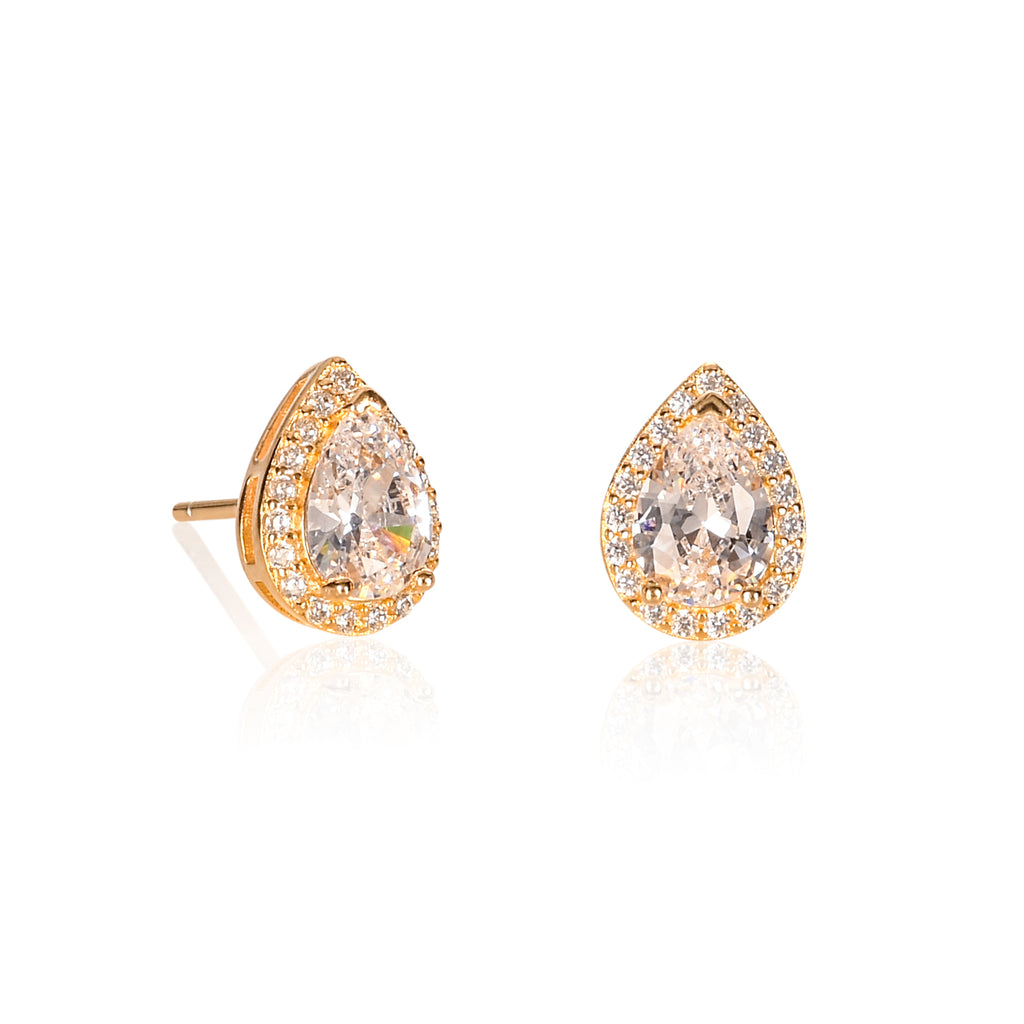 Gold Plated 925 Sterling Silver Pear Shaped White Halo Stud Earrings For Women