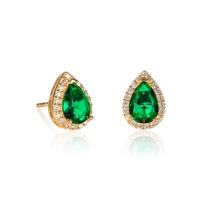Gold Plated 925 Sterling Silver Pear Shaped Green Halo Stud Earrings For Women