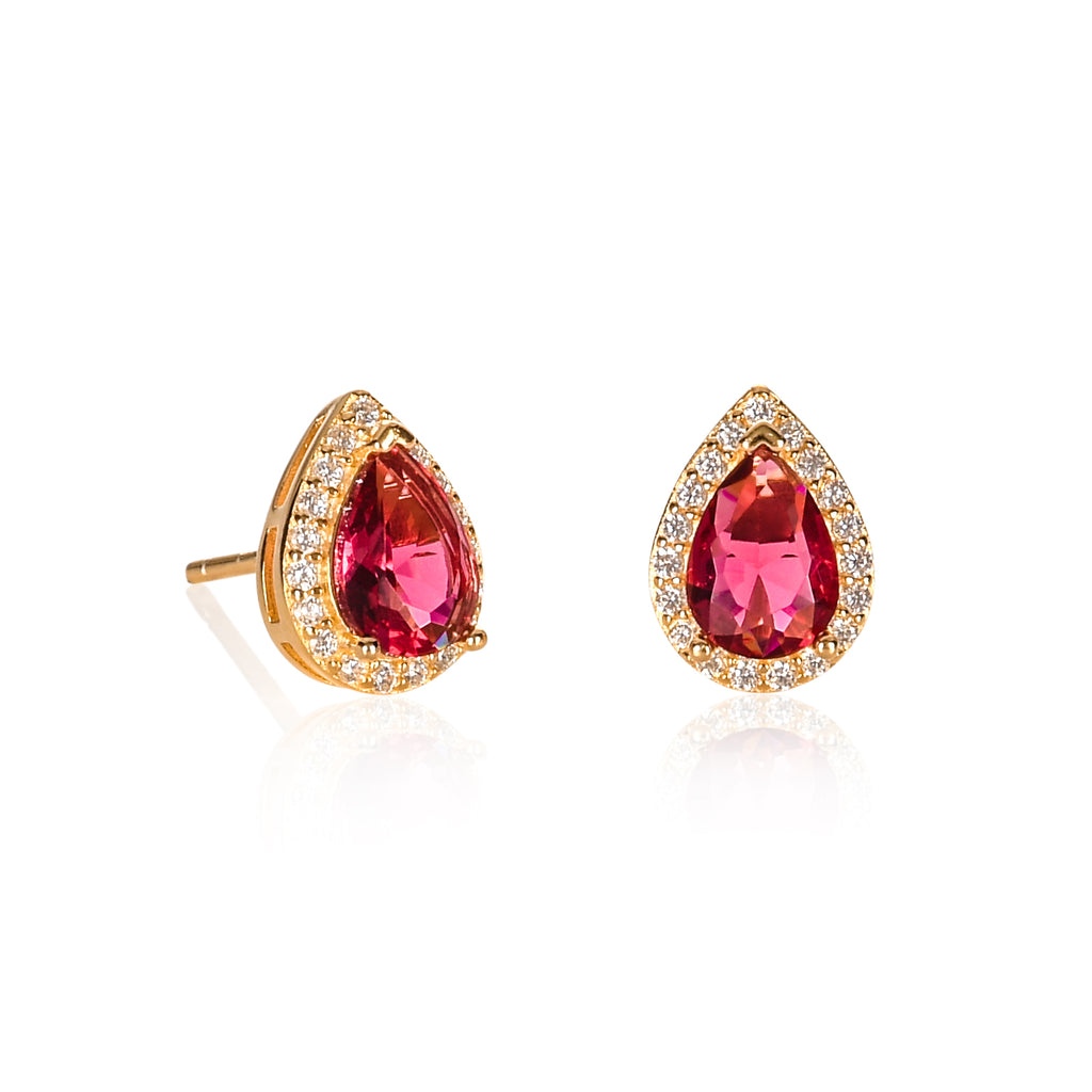 Gold Plated 925 Sterling Silver Pear Shaped Red Halo Stud Earrings For Women