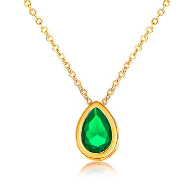 Gold Plated Green Pear Shaped Pendant Necklace with Green Cubic Zirconia Stone for Women