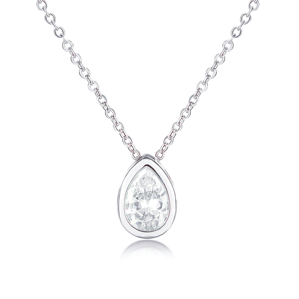 Silver Pear Shaped Pendant Necklace with Clear Cubic Zirconia Stone for Women