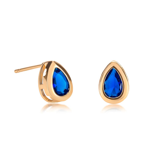 Gold Plated Blue Bezel Set Stud Earrings with Pear-Shaped Blue Cubic Zirconia Stones