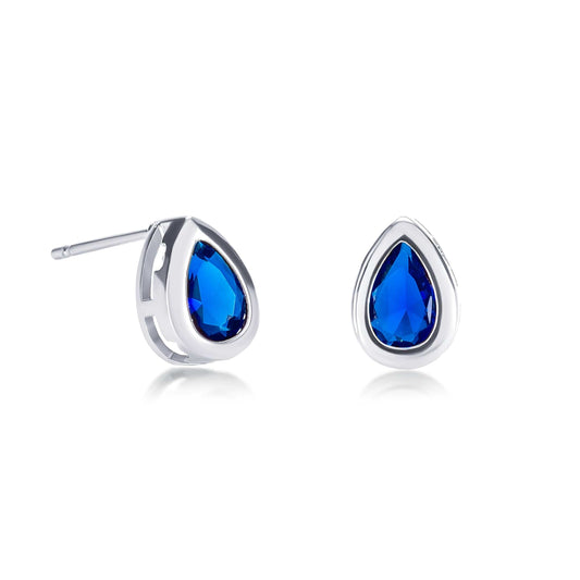 Silver Blue Bezel Set Stud Earrings with Pear-Shaped Blue Cubic Zirconia Stones