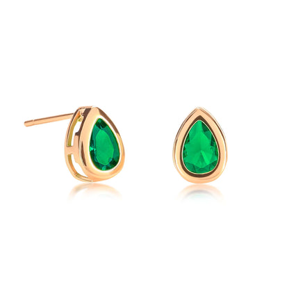 Gold Plated Green Bezel Set Stud Earrings with Pear-Shaped Green Cubic Zirconia Stones