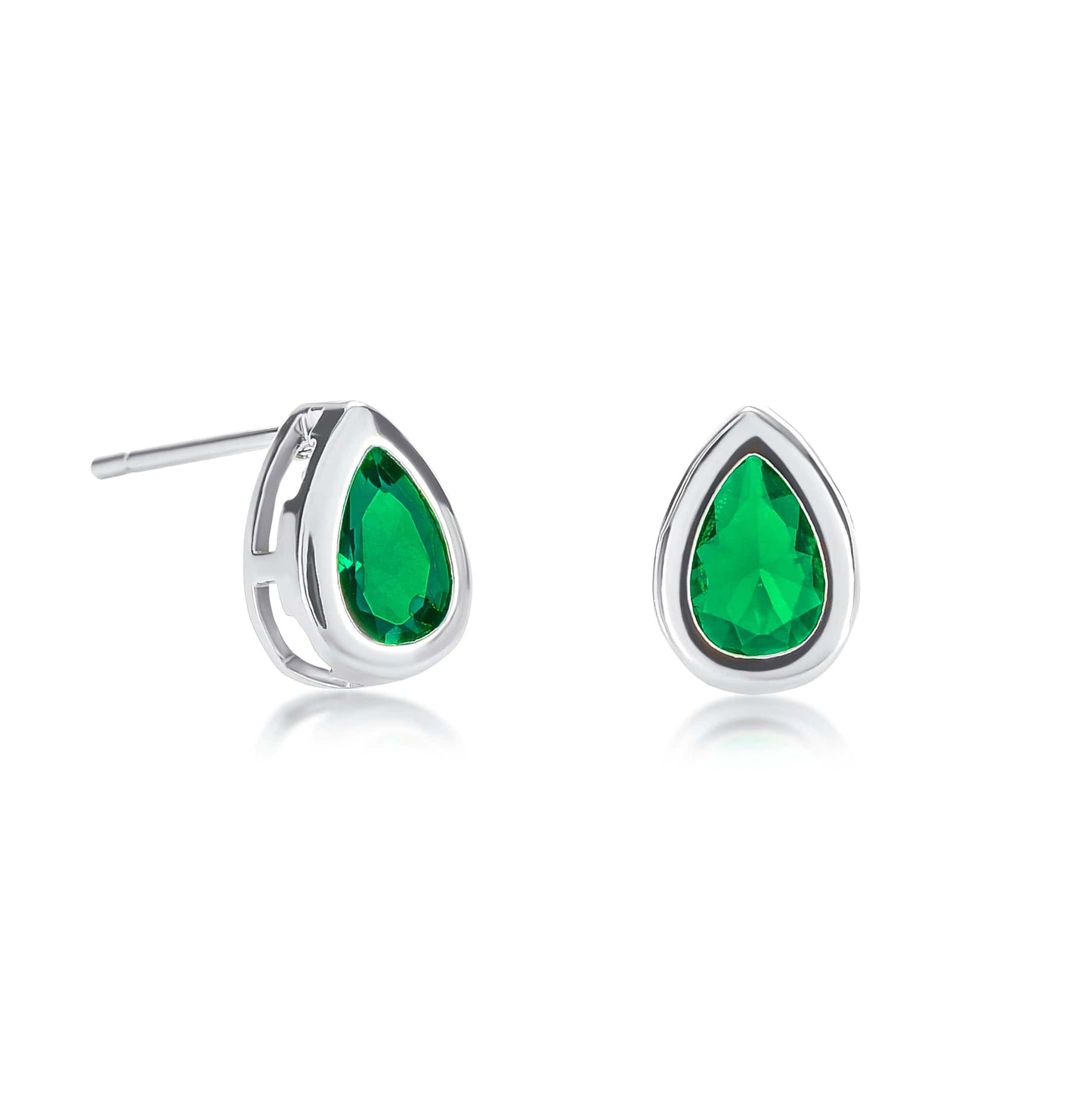 Silver Green Bezel Set Stud Earrings with Pear-Shaped Green Cubic Zirconia Stones