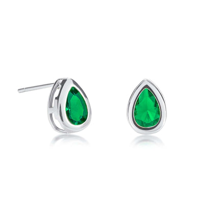 Silver Green Bezel Set Stud Earrings with Pear-Shaped Green Cubic Zirconia Stones