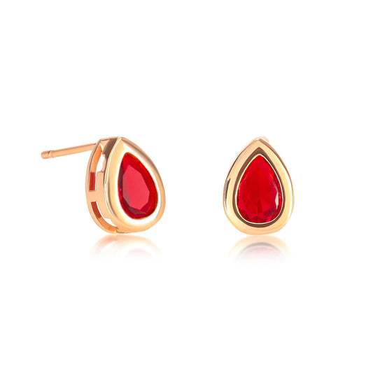 Gold Plated Red Bezel Set Stud Earrings with Pear-Shaped Red Cubic Zirconia Stones