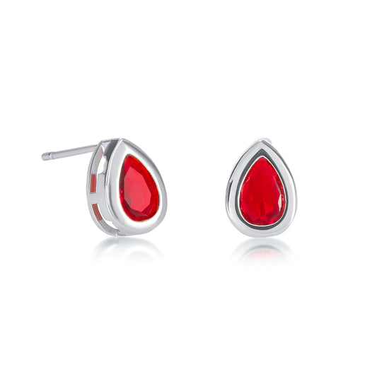 Silver Red Bezel Set Stud Earrings with Pear-Shaped Red Cubic Zirconia Stones