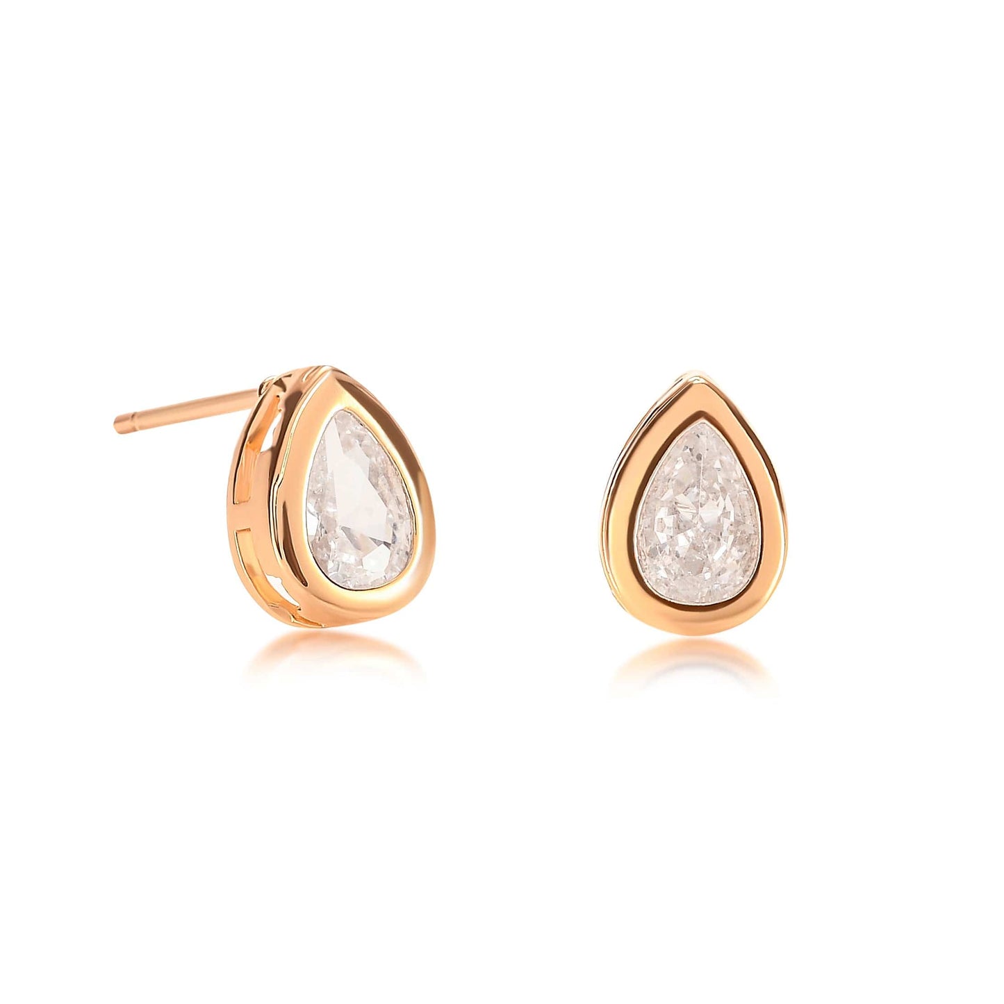 Dainty Gold Plated Bezel Set Stud Earrings with Pear-Shaped Clear Cubic Zirconia Stones