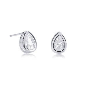 Dainty Silver Bezel Set Stud Earrings with Pear-Shaped Clear Cubic Zirconia Stones