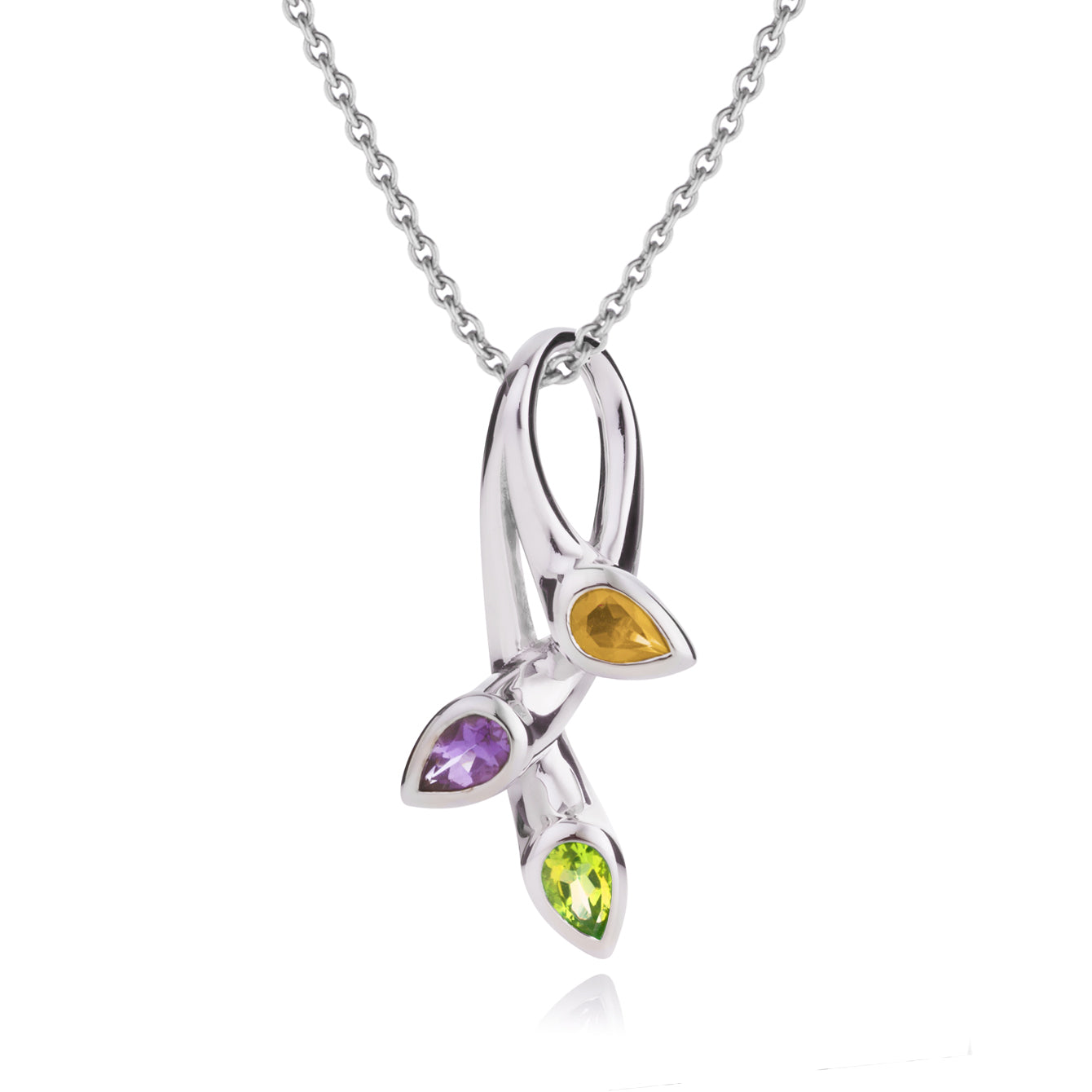 925 Sterling Silver Pendant Necklace with Natural Peridot, Citrine and Amethyst Gemstones