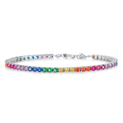 925 Sterling Silver Rainbow Tennis Bracelet With 3mm Multicolored Cubic Zirconia