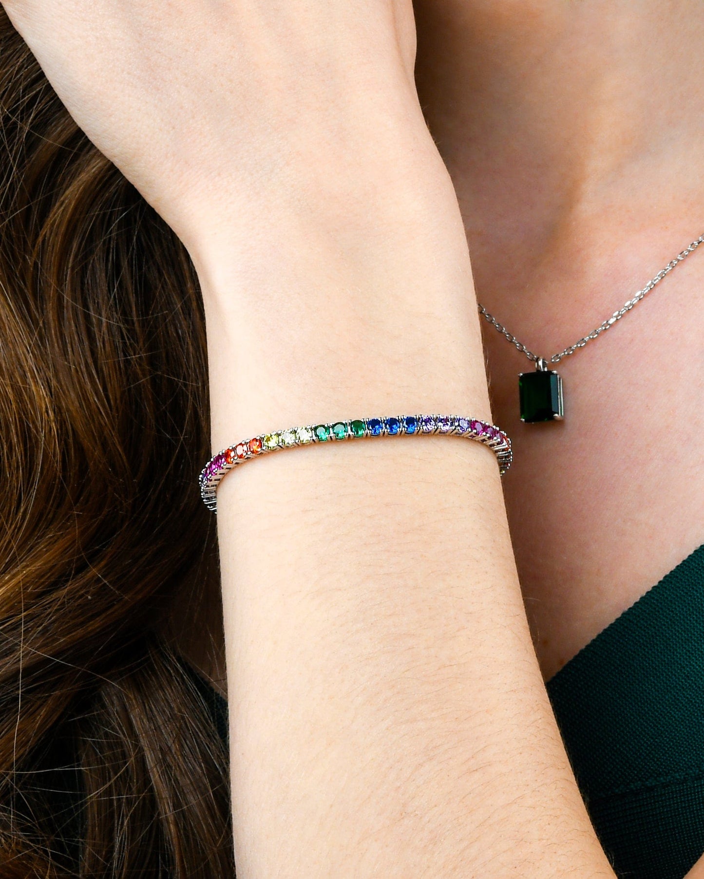 925 Sterling Silver Rainbow Tennis Bracelet With 3mm Multicolored Cubic Zirconia