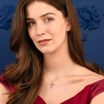 Red Sterling Silver Cross Necklace for Women with Red Stones