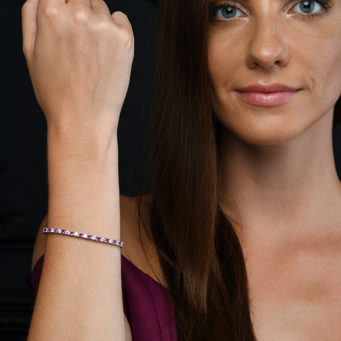 925 Sterling Silver Tennis Bracelet with Pink/Red & White Cubic Zirconia