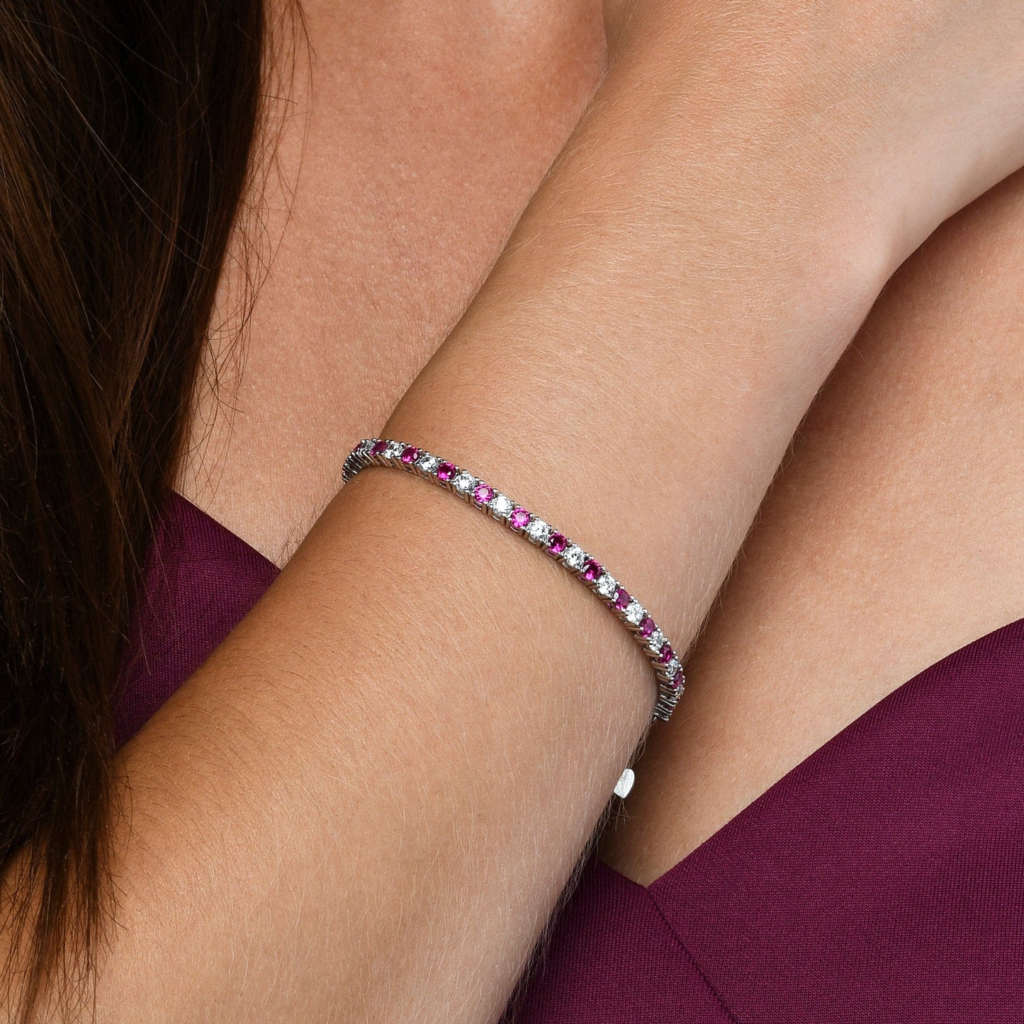925 Sterling Silver Tennis Bracelet with Pink/Red & White Cubic Zirconia