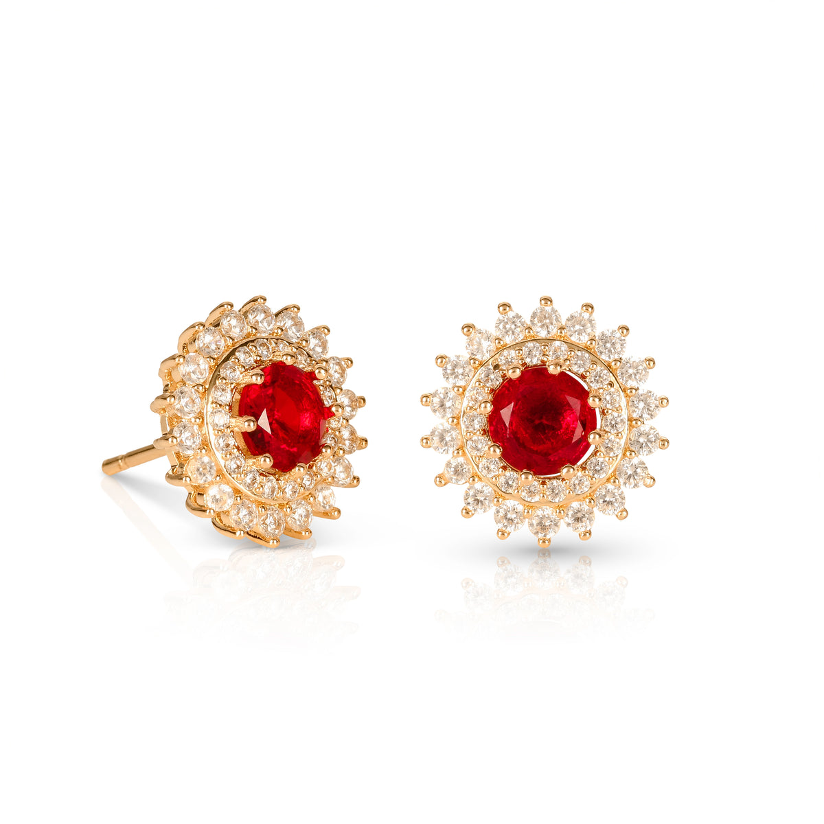 Gold Red Round Halo Stud Earrings With Red Crystal For Women