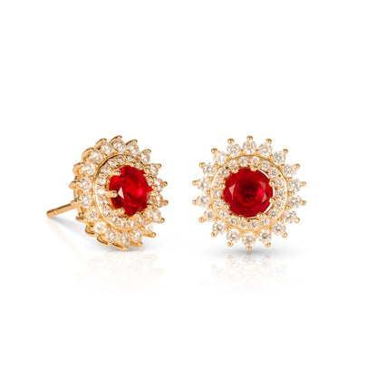 Gold Red Round Halo Stud Earrings With Red Crystal For Women