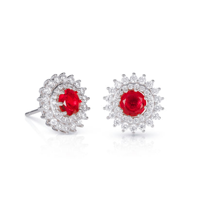 Red Silver Round Halo Stud Earrings With Red Crystal For Women