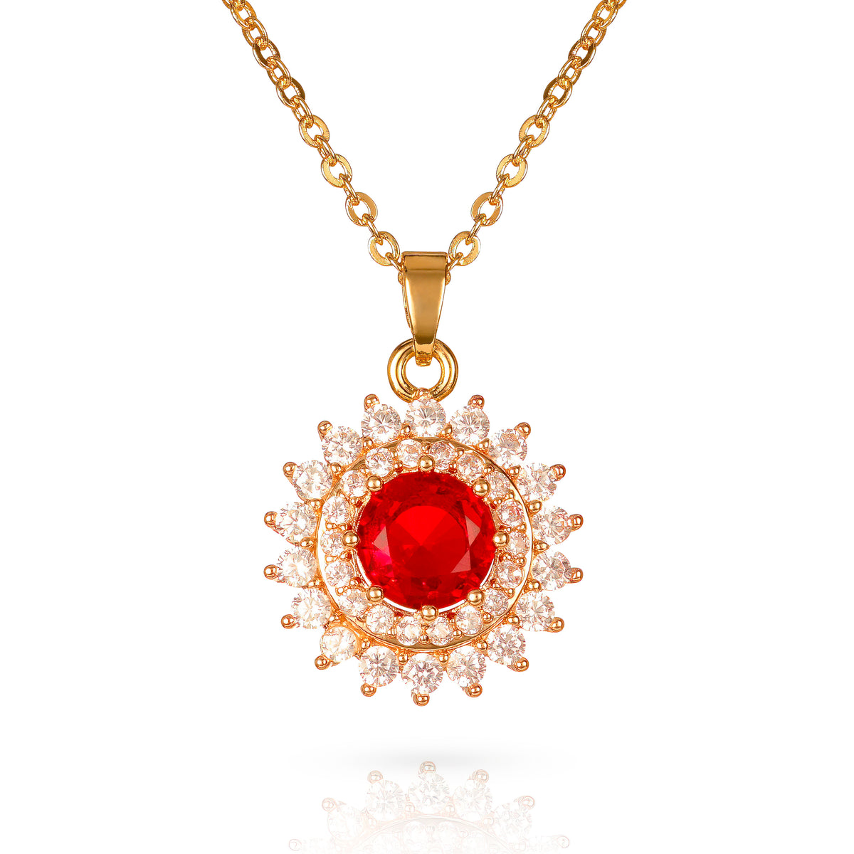 Gold Red Round Halo Pendant Necklace With Red Crystal For Women