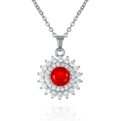 Red Silver Round Halo Pendant Necklace With Red Crystal For Women