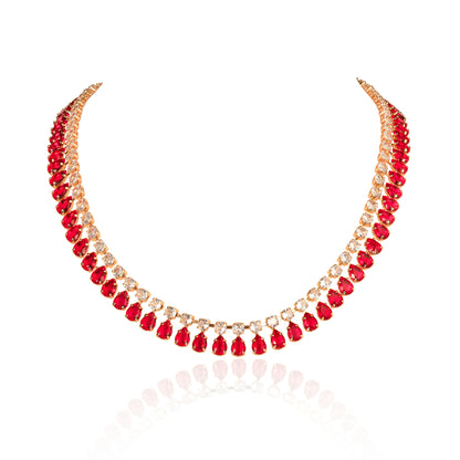Red Crystal Necklace with Round & Pear Shaped Cubic Zirconia Stones For Women