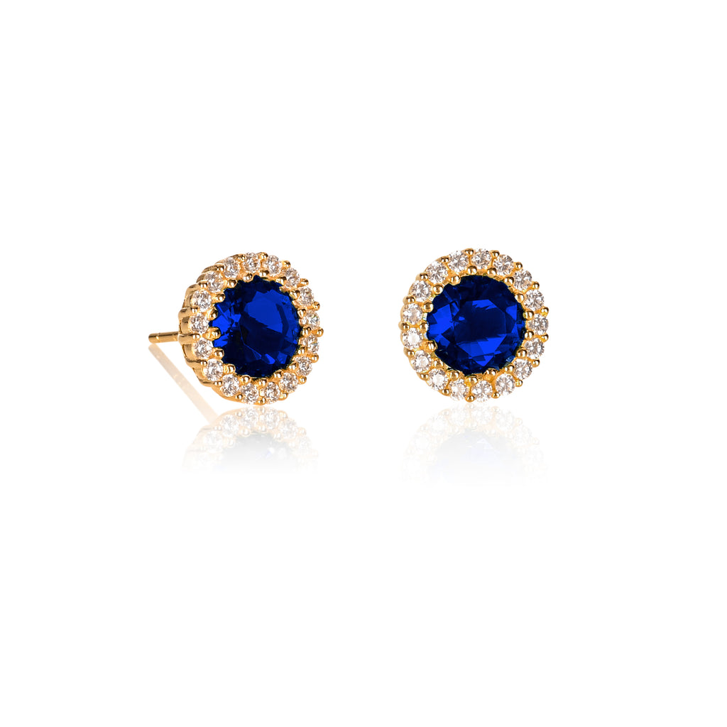 Gold Plated 925 Sterling Silver Round Blue Halo Stud Earrings For Women