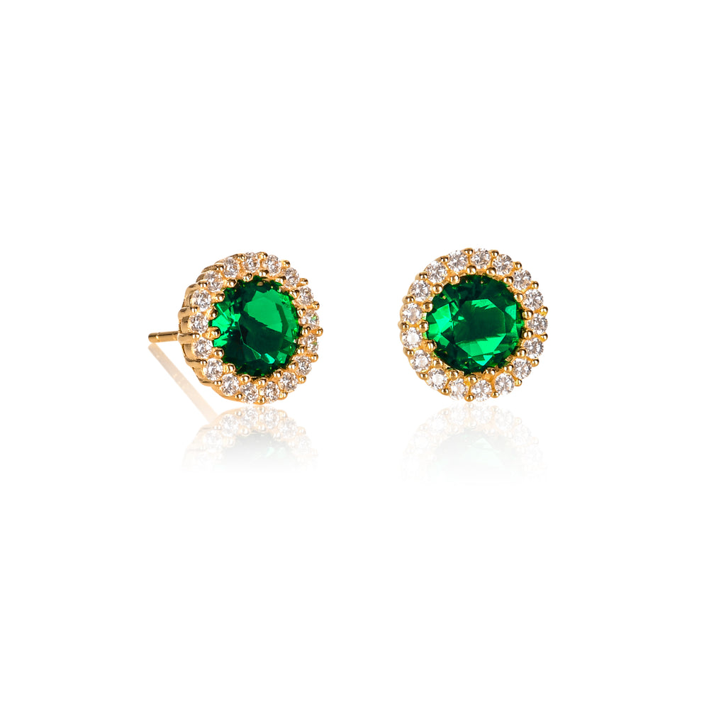 Gold Plated 925 Sterling Silver Round Green Halo Stud Earrings For Women