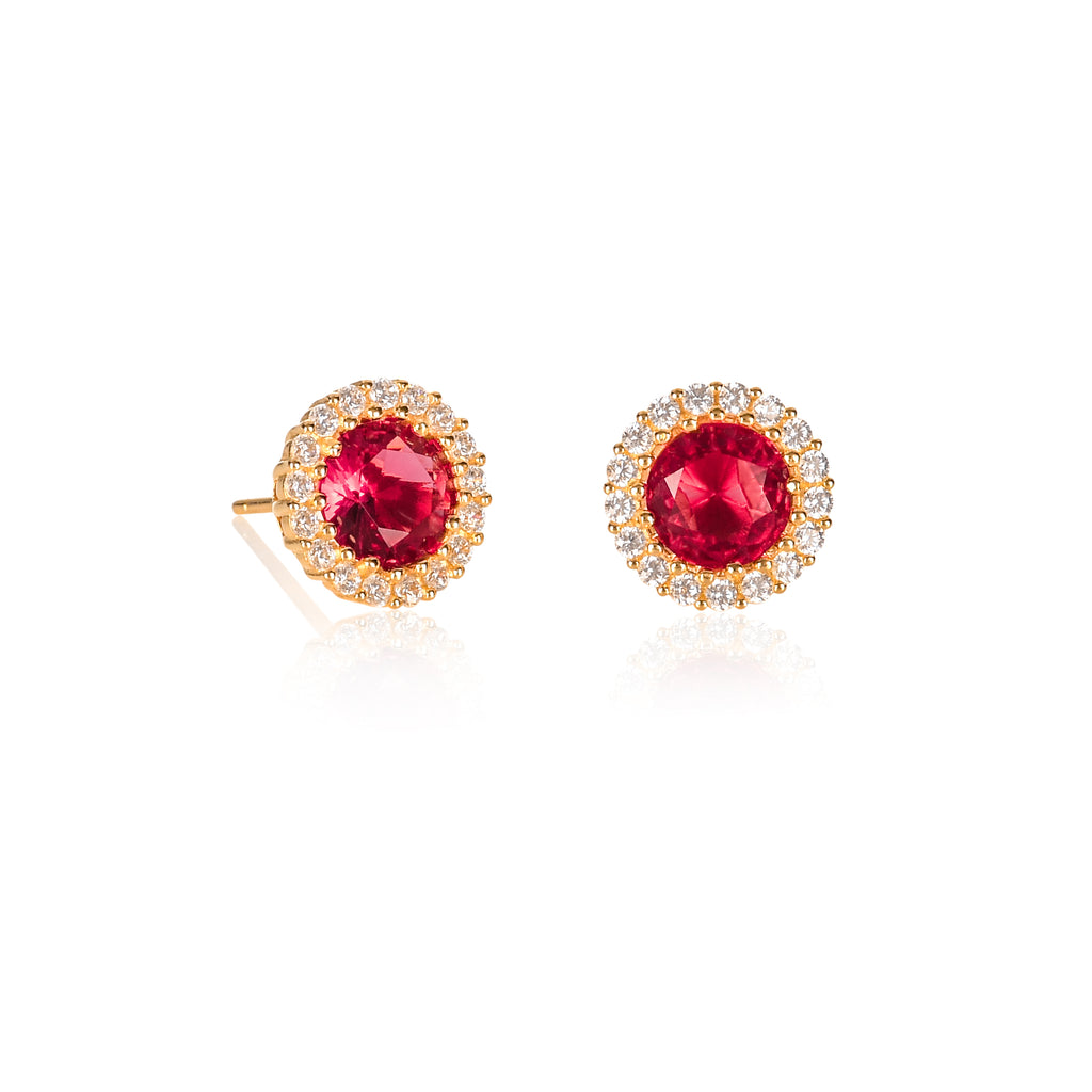 Gold Plated 925 Sterling Silver Round Red Halo Stud Earrings For Women