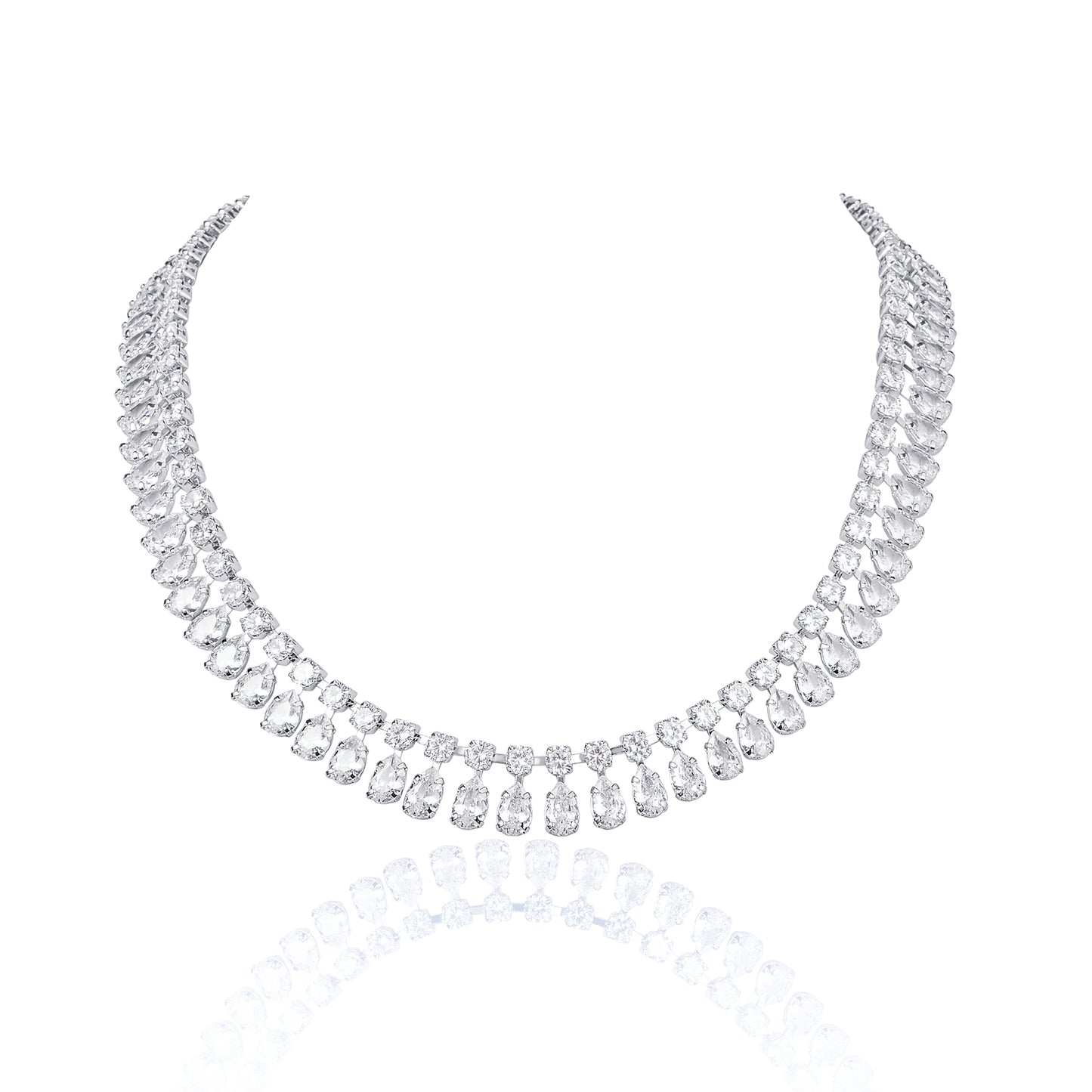 Silver Crystal Necklace with Round & Pear Shaped Cubic Zirconia Stones For Women