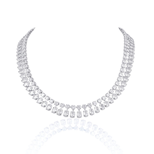 Silver Crystal Necklace with Round & Pear Shaped Cubic Zirconia Stones For Women