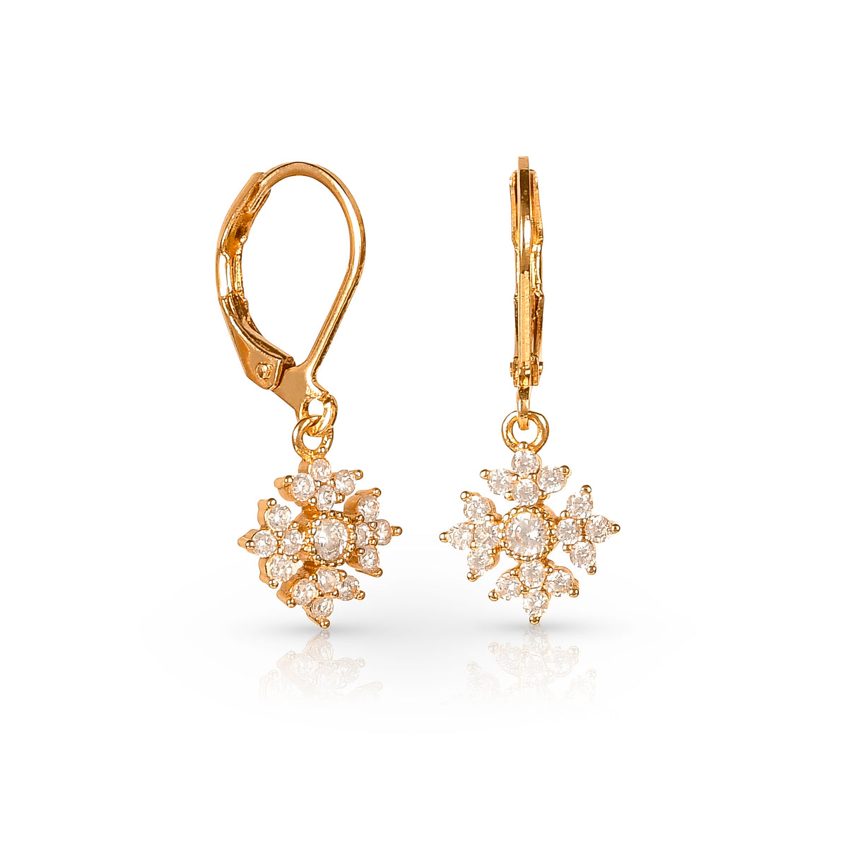Gold Snowflake Drop Leverback Earrings With Cubic Zirconia For Women