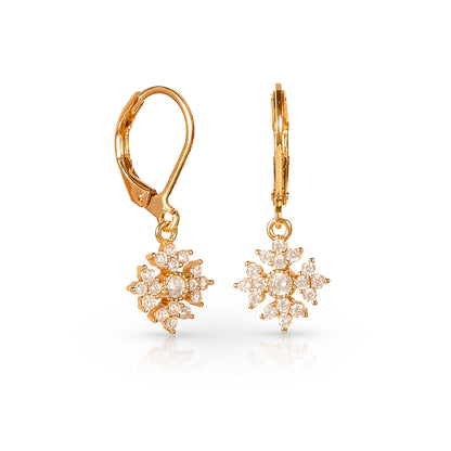Gold Snowflake Drop Leverback Earrings With Cubic Zirconia For Women