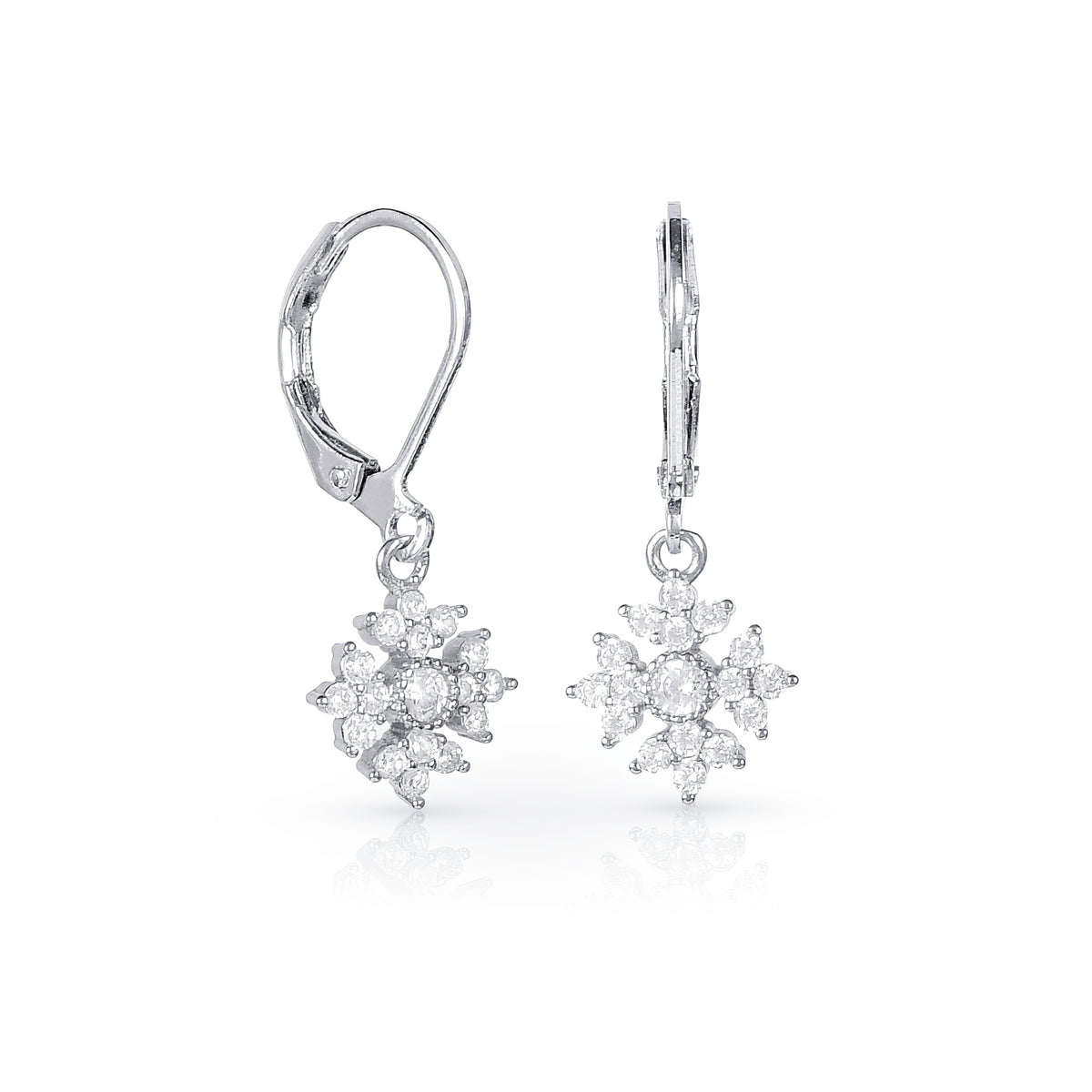 Silver Snowflake Drop Leverback Earrings With Cubic Zirconia For Women