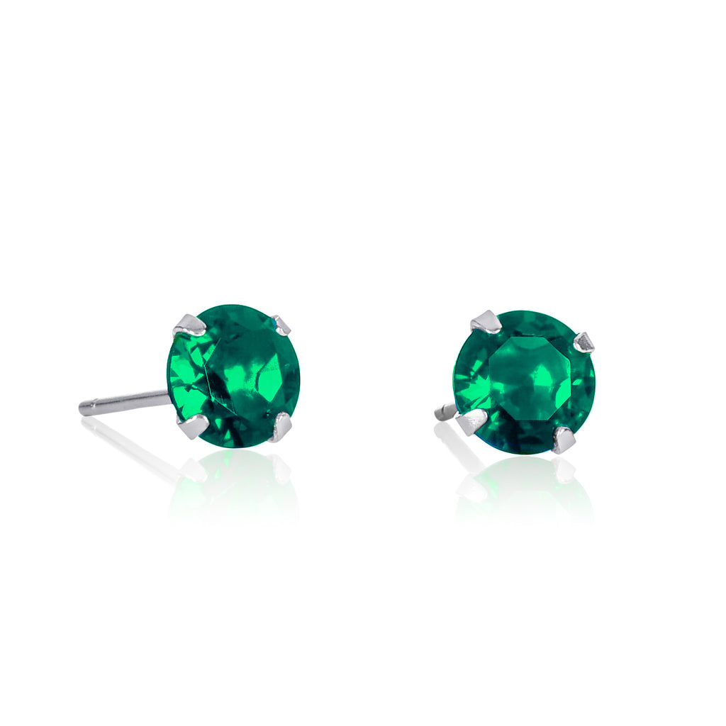 Dainty Green Solitaire Stud Earrings in 925 Sterling Silver For Women