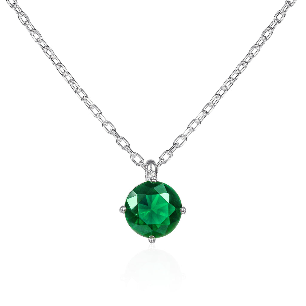 Dainty 925 Sterling Silver Green Round Solitaire Pendant Necklace for Women