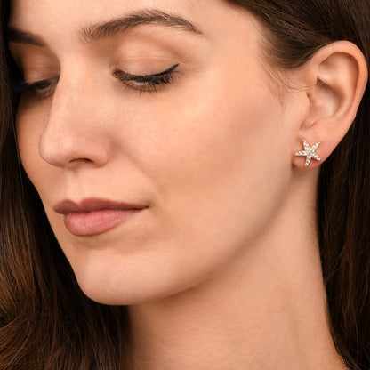 Gold Starfish Stud Earrings With Cubic Zirconia Stones For Women